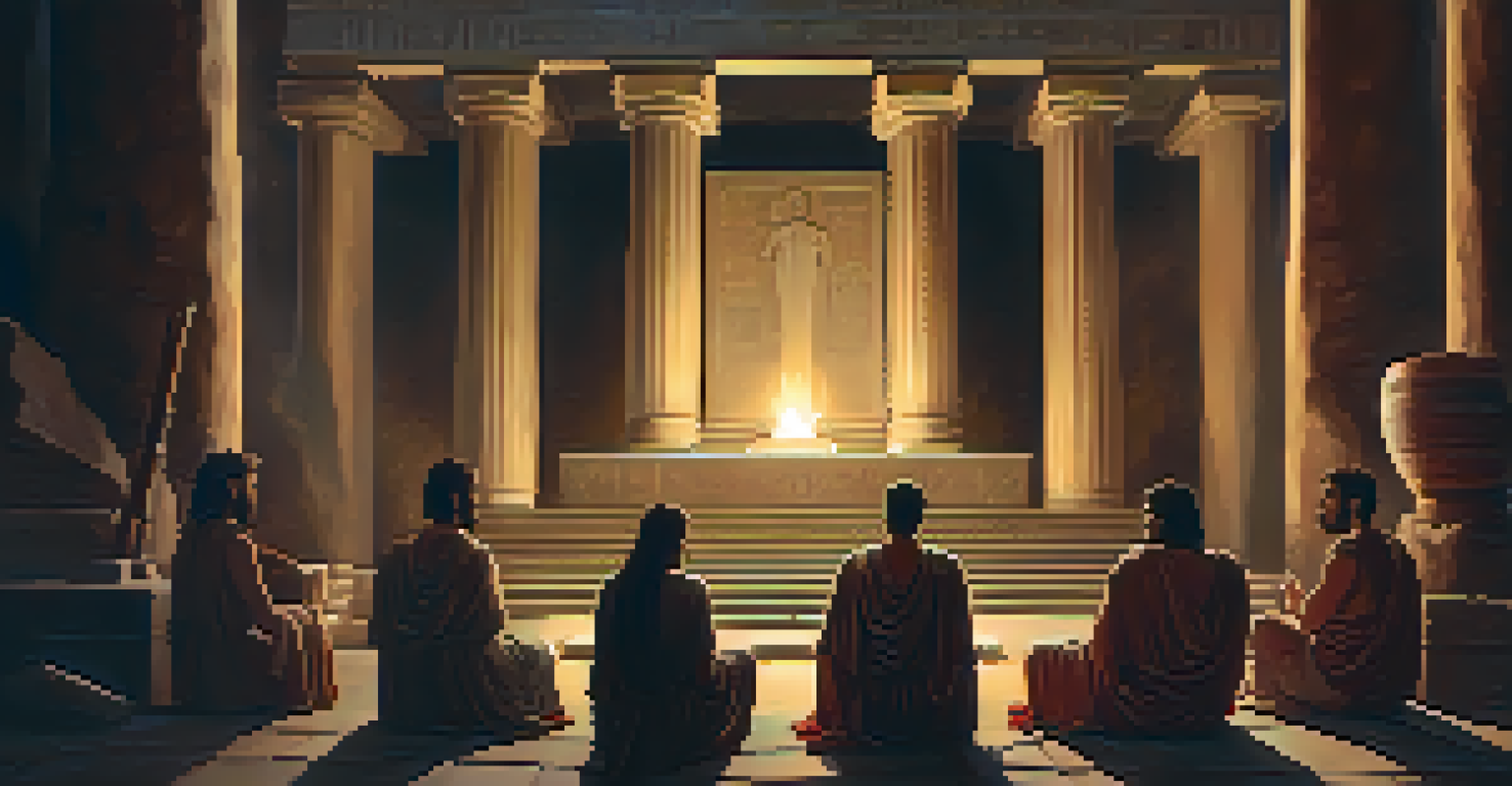An ancient Greek mystery school with participants in a stone amphitheater, illuminated by torches and centered around an altar with kykeon.
