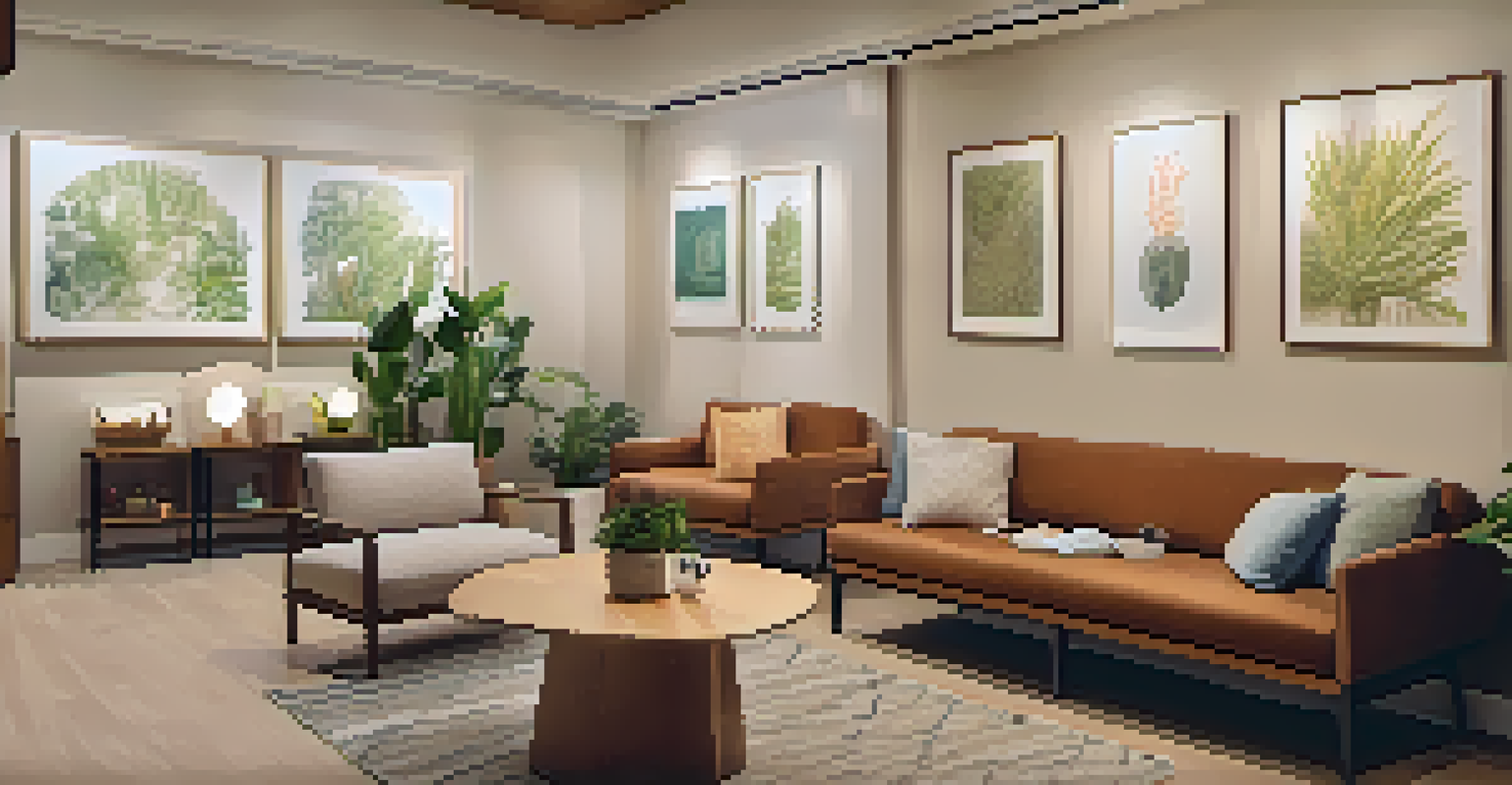 A cozy therapy room with warm lighting, comfortable seating, and calming artwork, designed for supportive therapy sessions.
