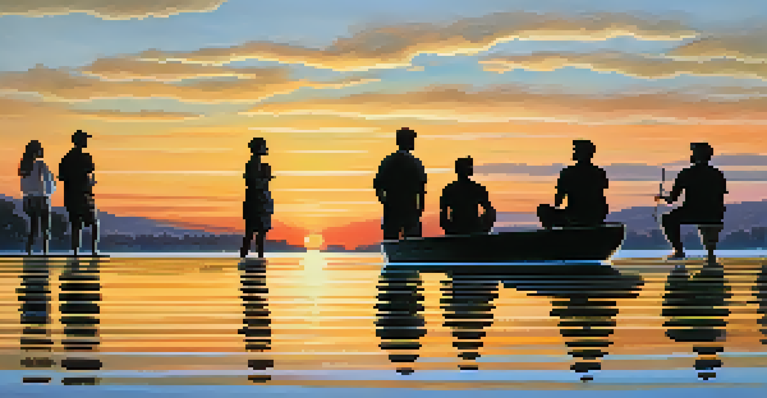 A group of friends by a lake at sunrise, reflecting on their experiences with silhouettes against the colorful sky.