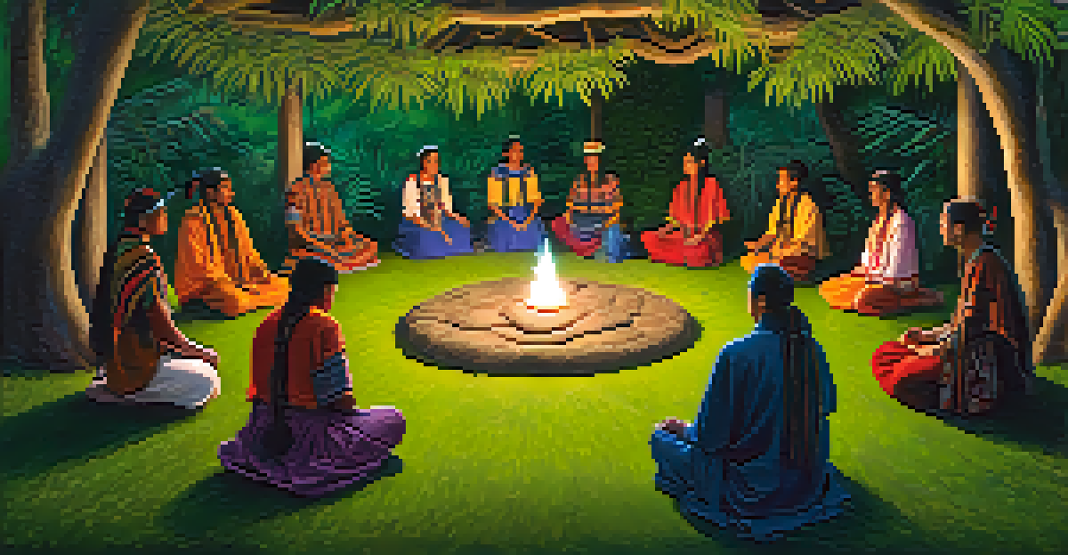 A shamanic ritual in a green setting with participants sitting in a circle and the shaman in colorful attire.