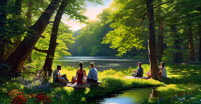 A peaceful forest scene with individuals sitting in a circle, discussing in a supportive environment surrounded by nature.