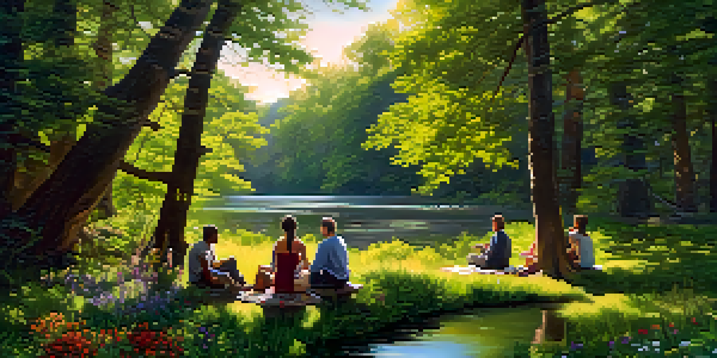 A peaceful forest scene with individuals sitting in a circle, discussing in a supportive environment surrounded by nature.