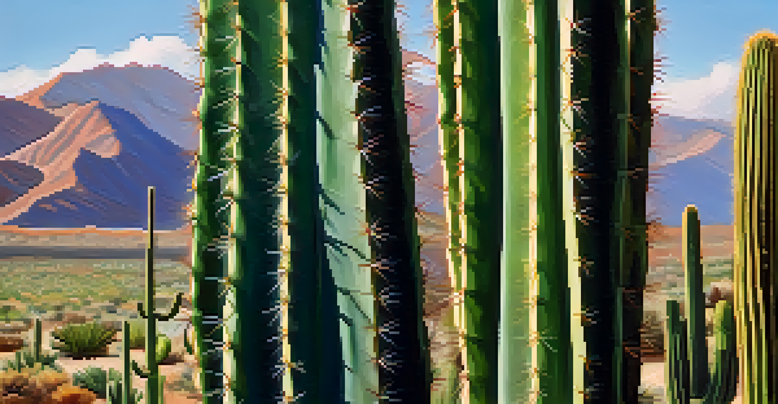 A tall San Pedro cactus with a blurred backdrop of the Andes mountains and blue sky.