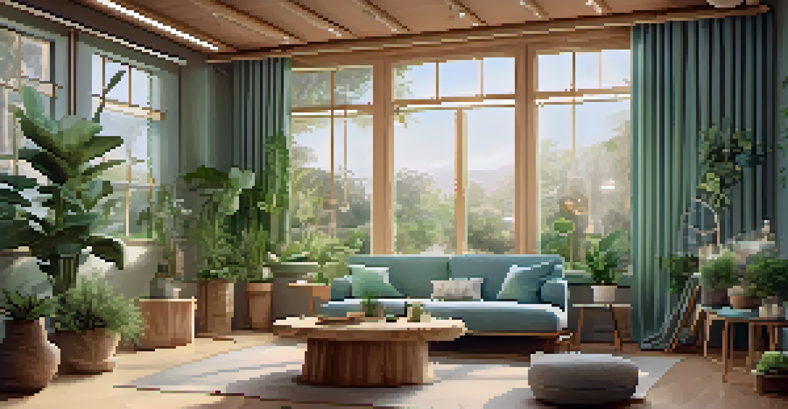 A cozy wellness room with plants and entheogenic products on a table, featuring soft lighting and calming colors.