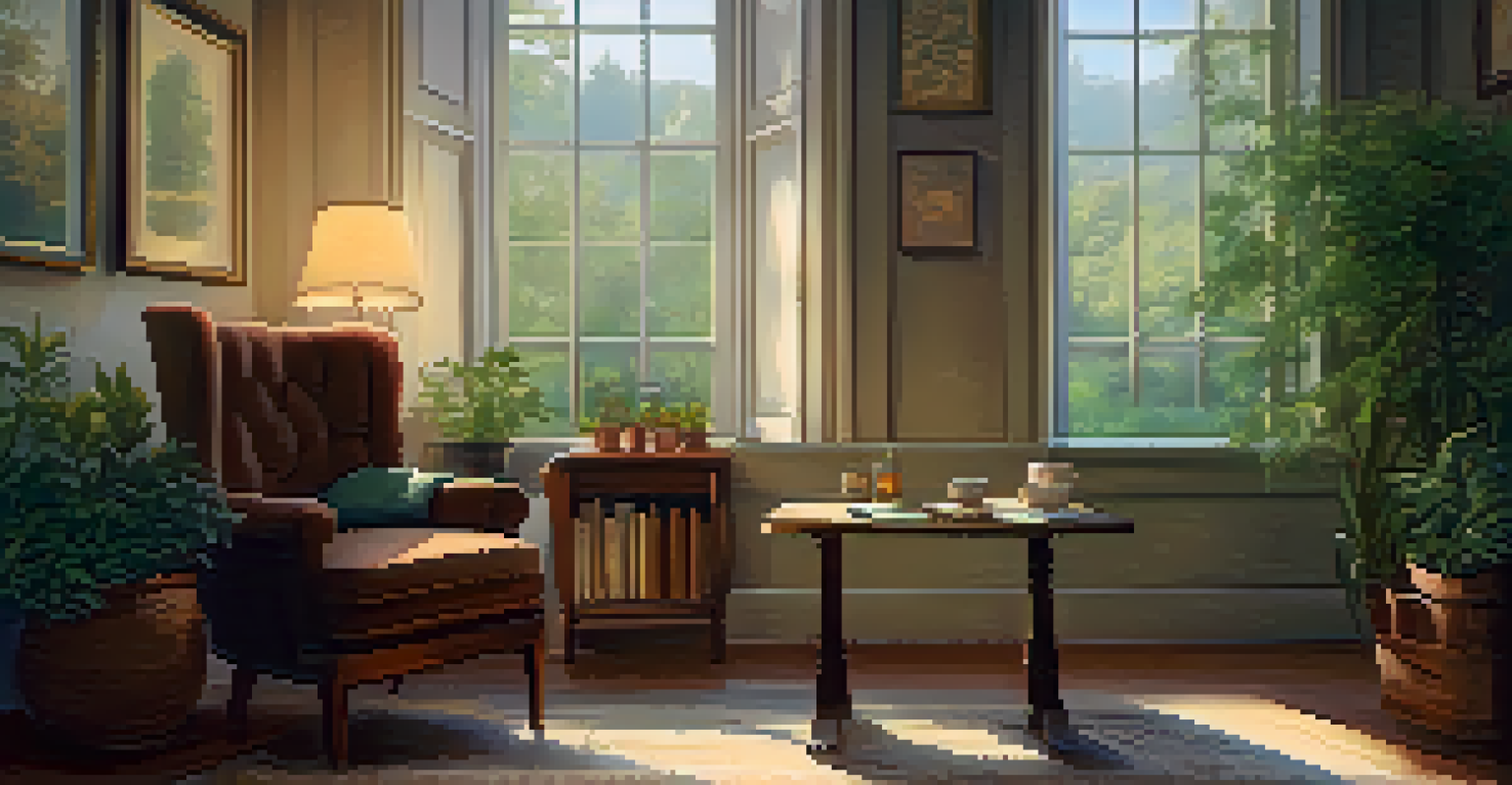 A cozy room with soft lighting, an armchair, a journal, and a cup of herbal tea, creating a warm atmosphere.