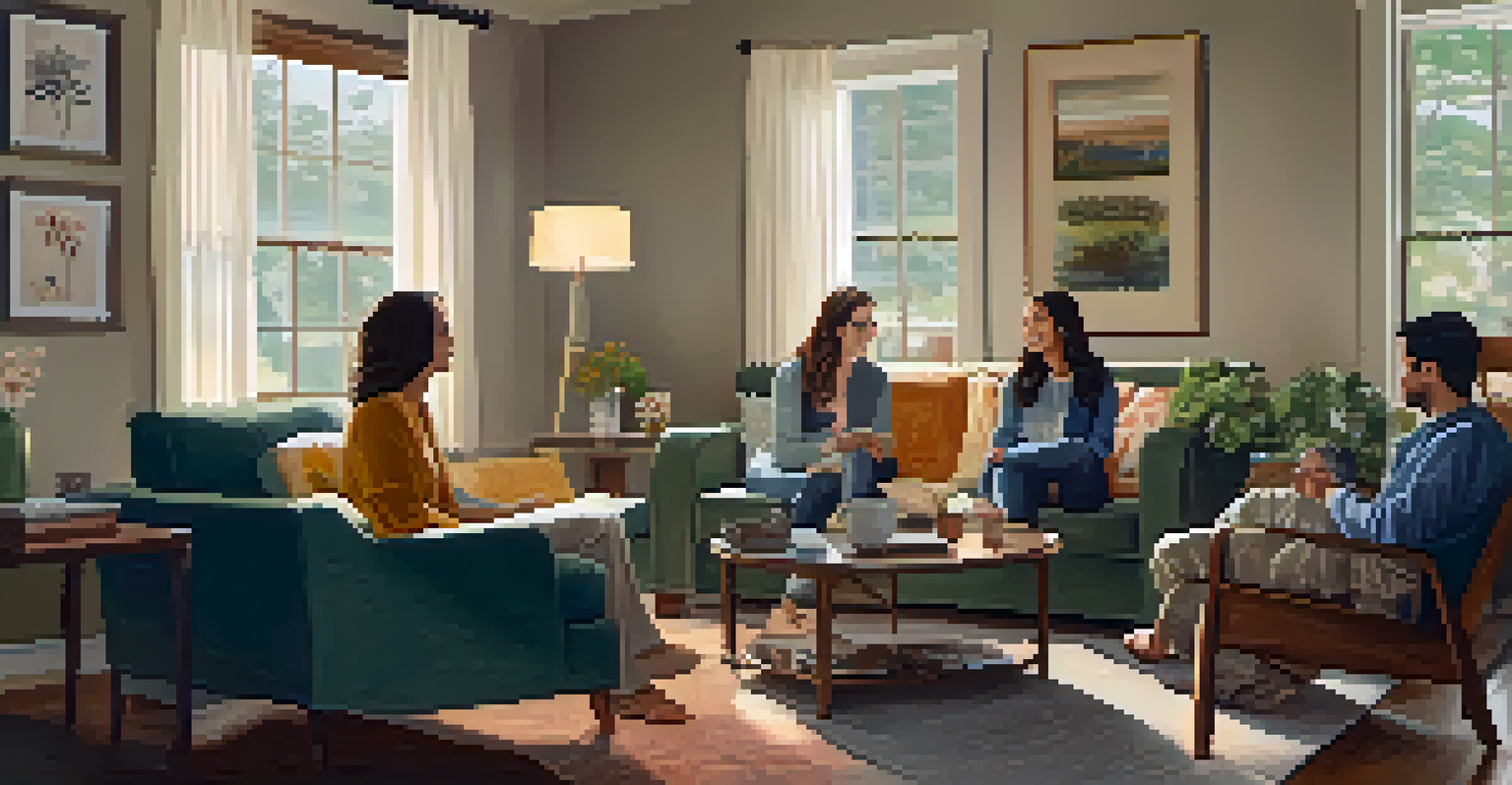 A group of friends in a cozy living room, talking and smiling, surrounded by warm lighting and comfortable furniture, fostering a sense of community.