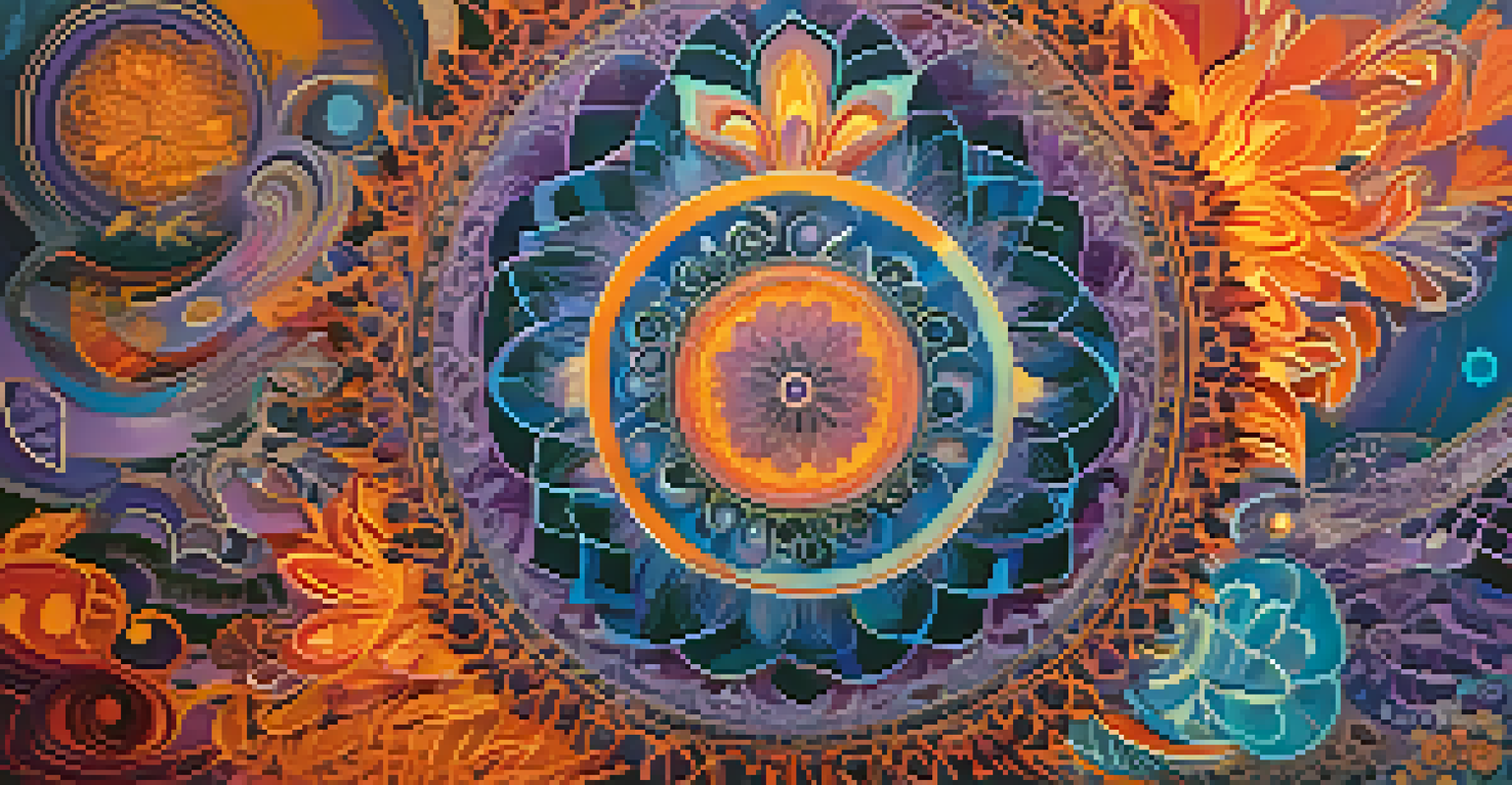 An abstract psychedelic artwork with swirling colors and mandalas, depicting a journey of consciousness and exploration.