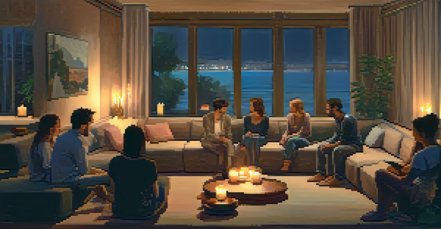 A cozy indoor space with friends sitting on cushions, sharing experiences, with soft lighting and candles.