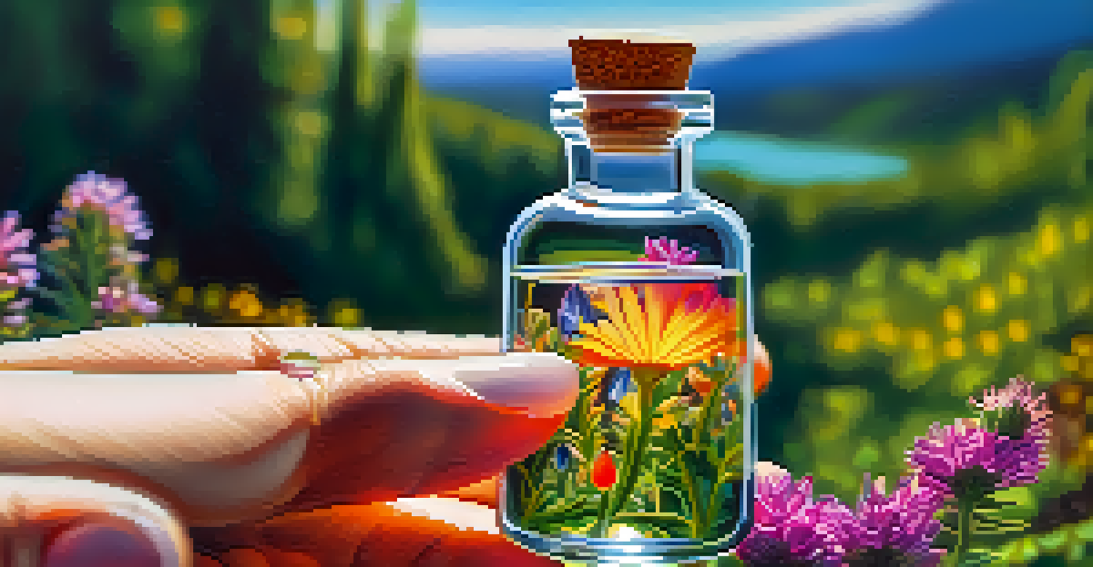 A close-up of a hand holding a glass vial with a psychedelic substance, surrounded by colorful wildflowers and sunlight filtering through greenery.