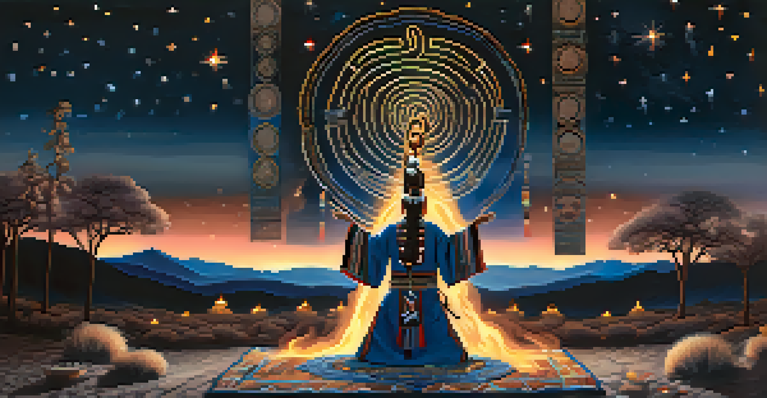 A male shaman in traditional clothing performing a ritual by a fire at night, with stars and mountains in the background.