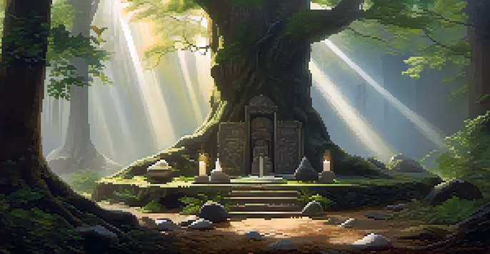 A tranquil forest with sunlight filtering through trees, featuring a natural altar adorned with feathers and stones.