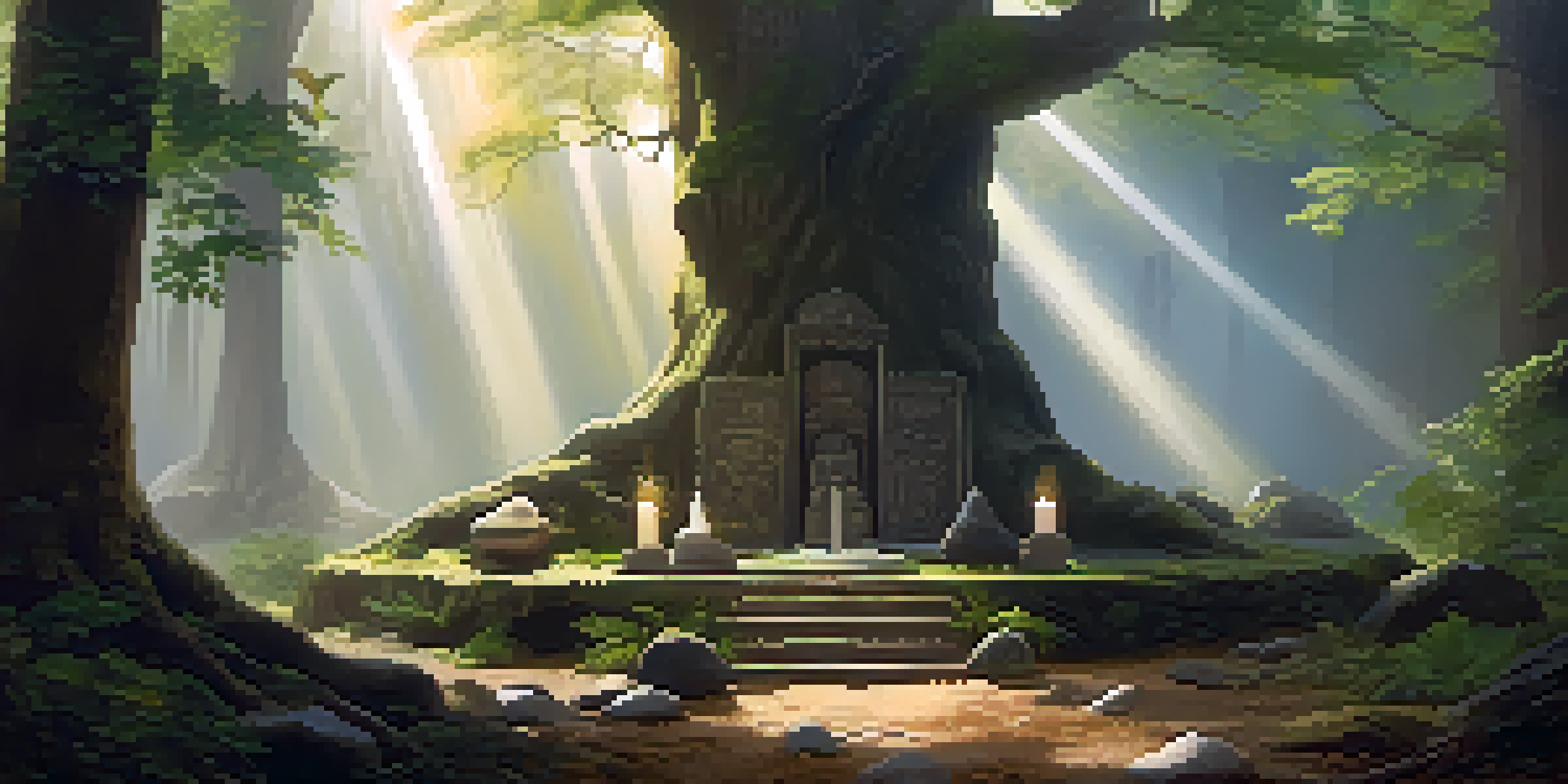 A tranquil forest with sunlight filtering through trees, featuring a natural altar adorned with feathers and stones.