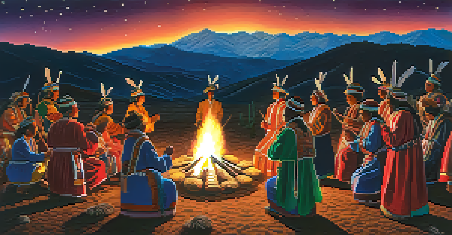 Participants in colorful clothing engage in a shamanic ceremony in the Andes, dancing around a fire with mountains and a starry sky in the background.