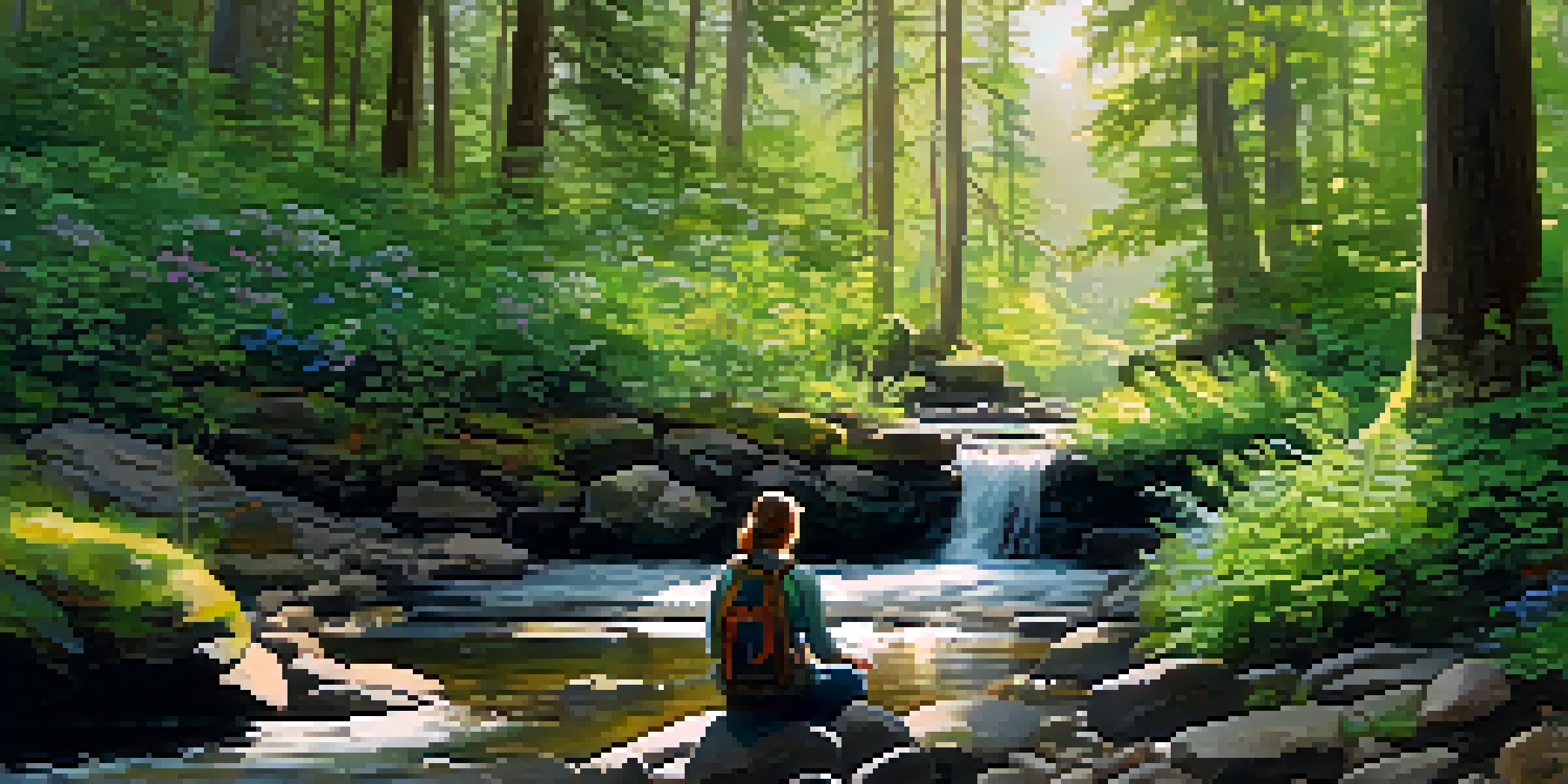 A peaceful forest scene with sunlight filtering through trees, a gentle stream in the foreground, and a person journaling on a rock.
