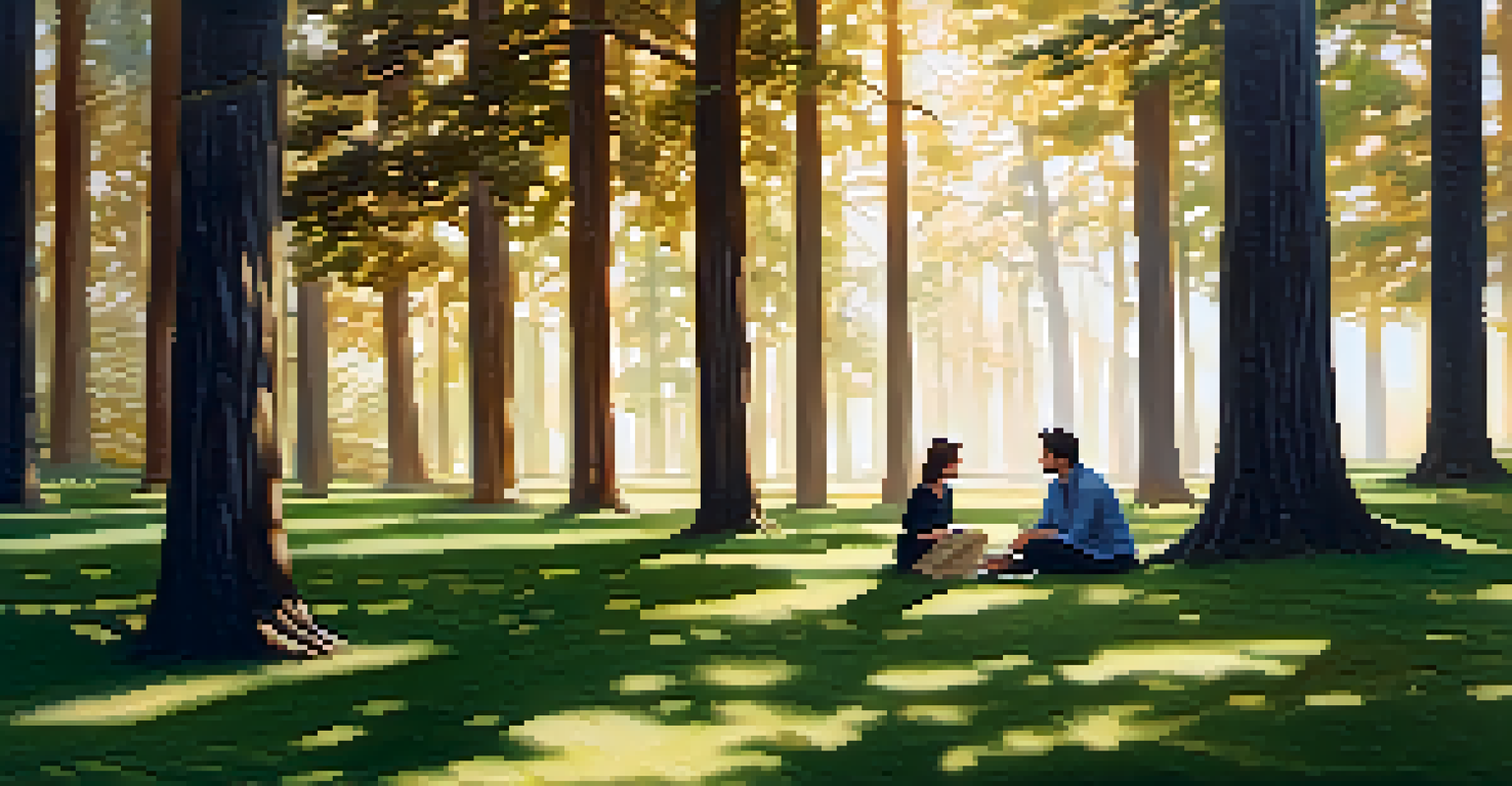 An outdoor scene with a therapist and client engaged in conversation, surrounded by nature and sunlight filtering through trees.