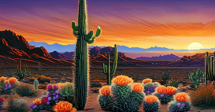 A beautiful sunset over a desert landscape with a blooming peyote cactus in the foreground, showcasing warm colors and soft silhouettes of mountains.
