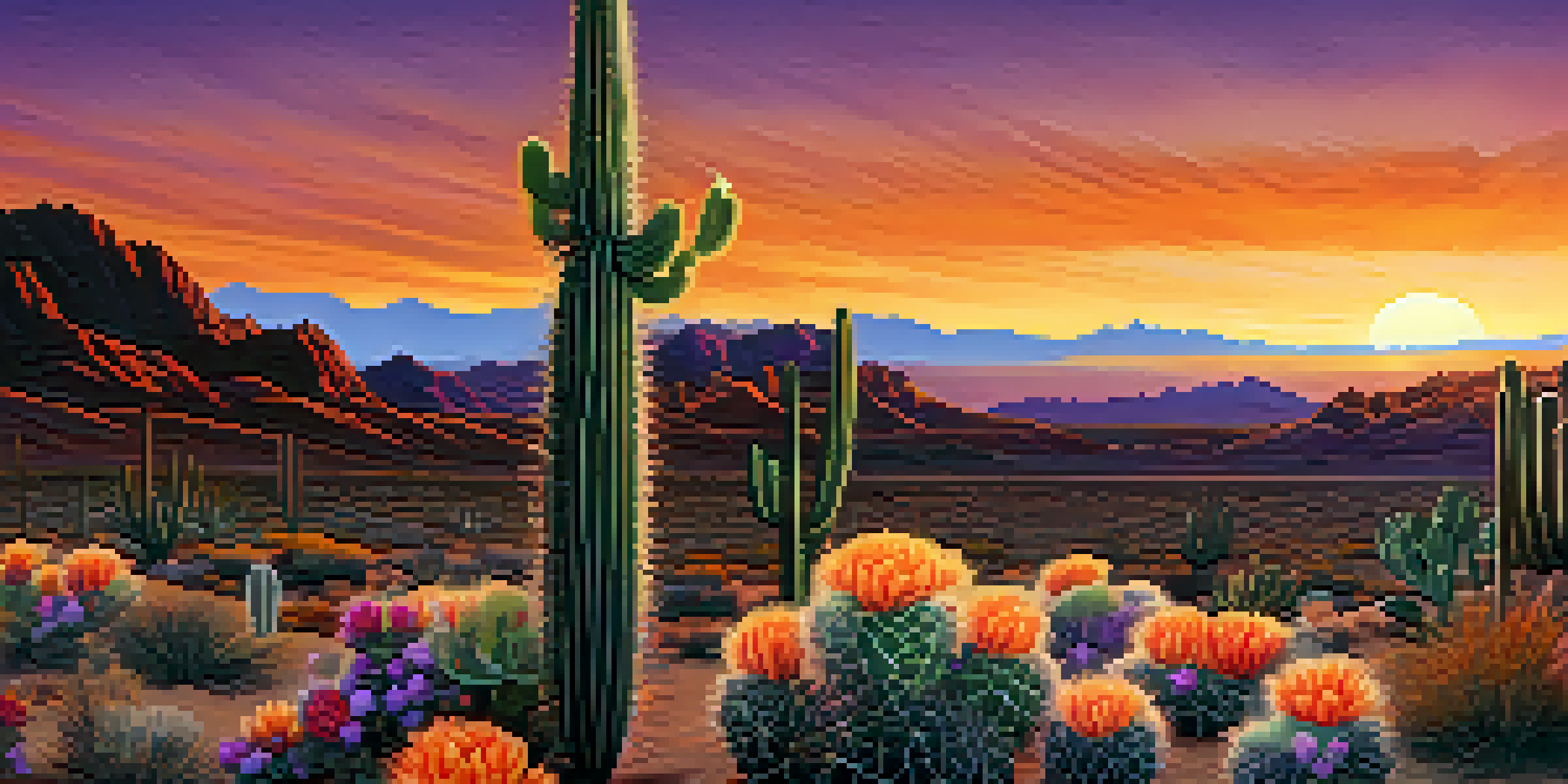 A beautiful sunset over a desert landscape with a blooming peyote cactus in the foreground, showcasing warm colors and soft silhouettes of mountains.