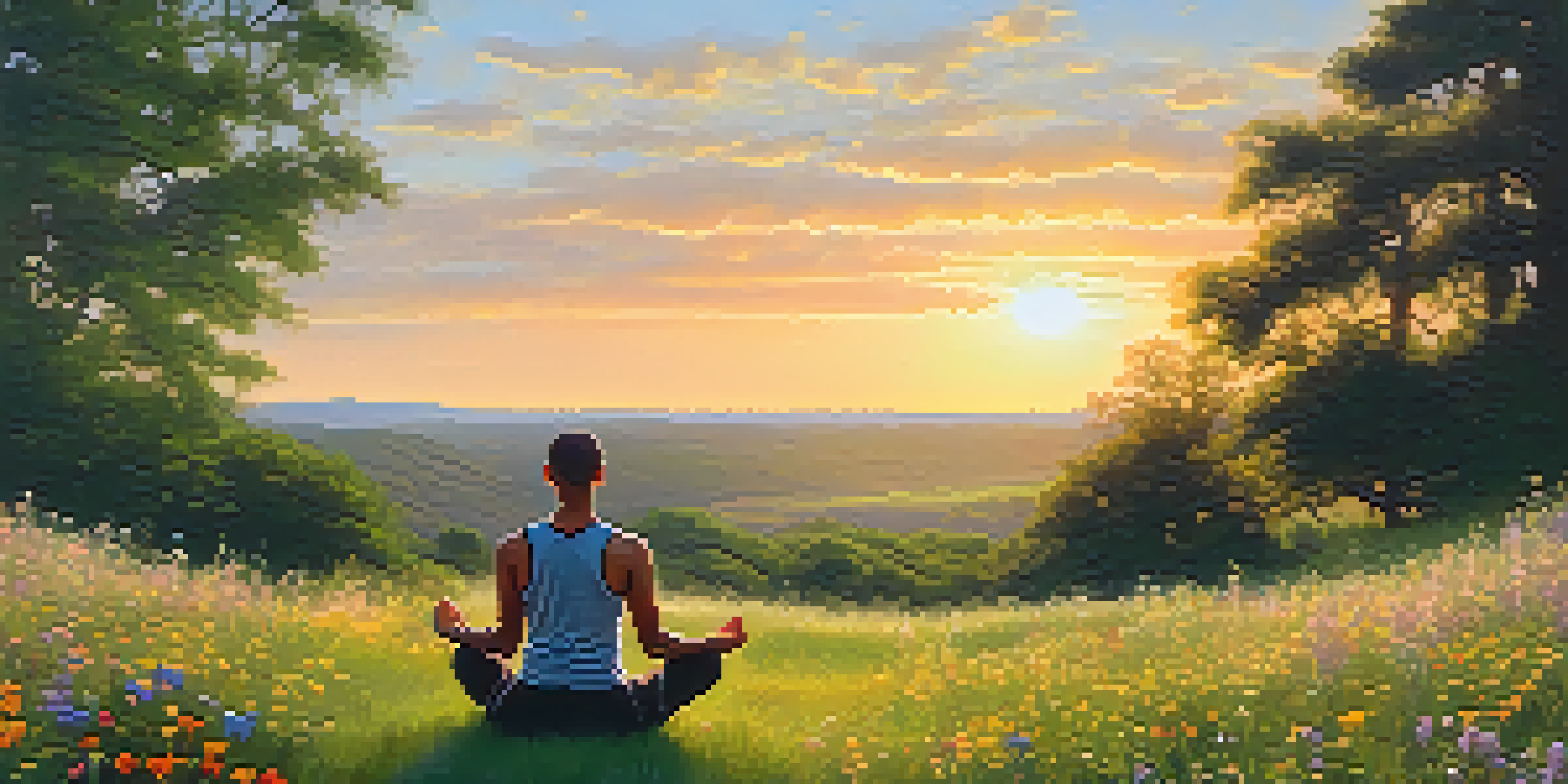 An athlete meditating in a green field filled with wildflowers during sunset, with a warm golden glow.