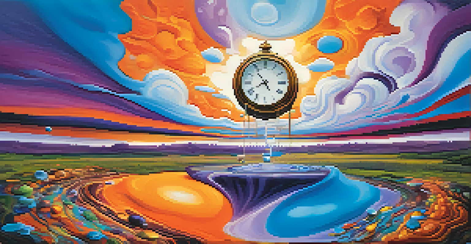 A surreal image of a melting clock in a colorful landscape, with fading numbers and swirling clouds, representing altered time perception.