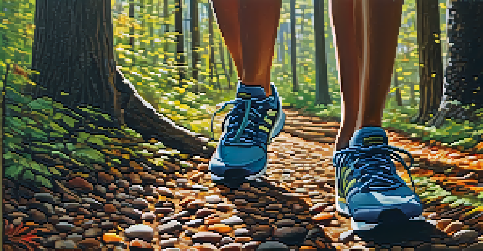 Close-up of a runner's feet on a leaf-covered forest trail with sunlight filtering through trees.