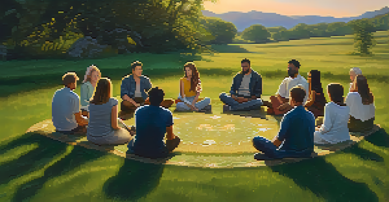 A group of diverse people sitting in a circle in a meadow, sharing stories under the warm glow of the sunset.
