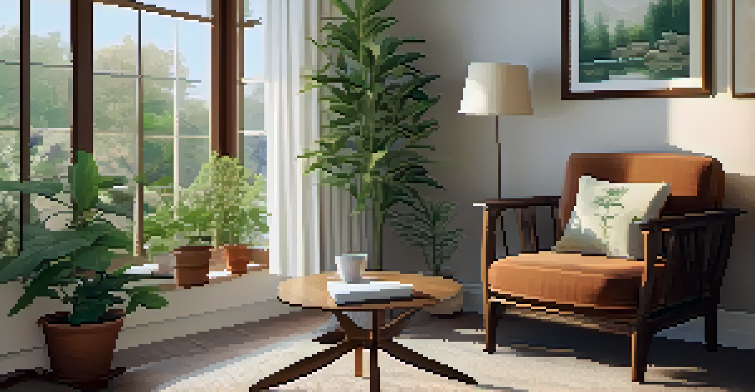 A cozy therapeutic room with a comfortable chair, plants, and a cup of tea on a table, promoting introspection and healing.