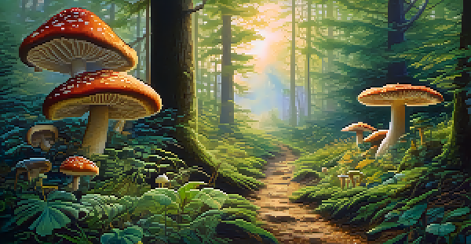 A tranquil forest with golden sunlight filtering through the trees and colorful mushrooms in the foreground.