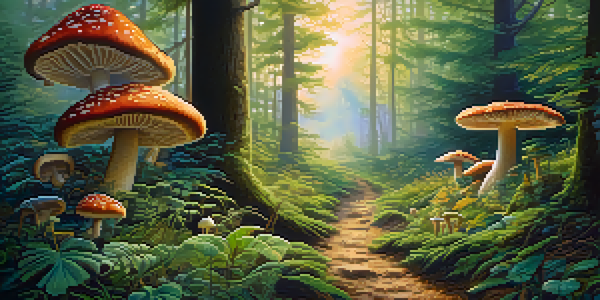 A tranquil forest with golden sunlight filtering through the trees and colorful mushrooms in the foreground.