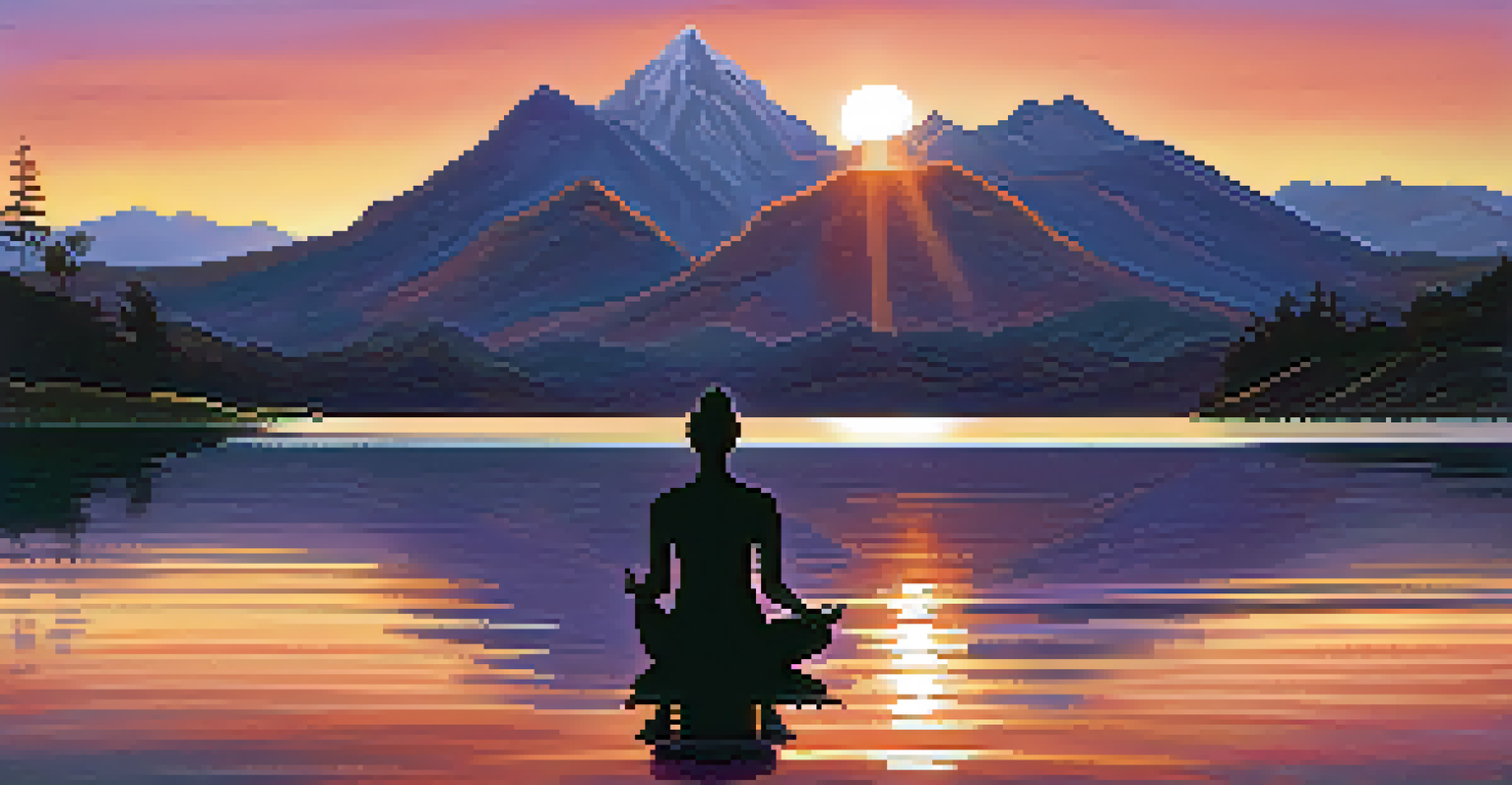 A person practicing yoga by a calm lake at sunset, with colorful reflections and mountains in the background.