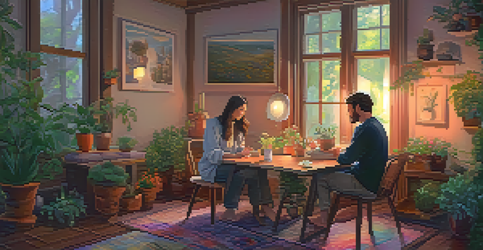 A cozy room with soft lighting, featuring a couple sitting together on cushions, surrounded by flowers and herbs, symbolizing connection and exploration.