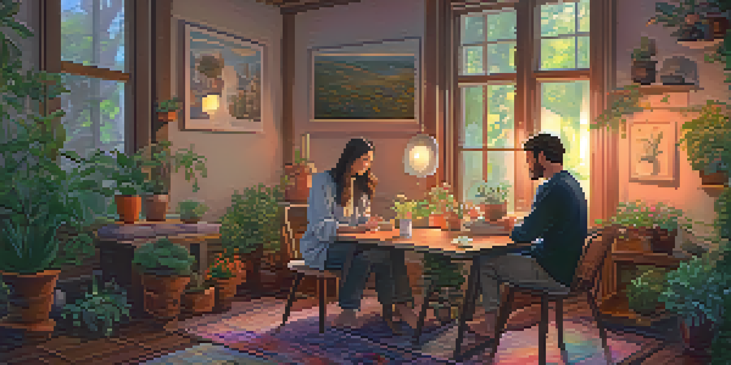 A cozy room with soft lighting, featuring a couple sitting together on cushions, surrounded by flowers and herbs, symbolizing connection and exploration.