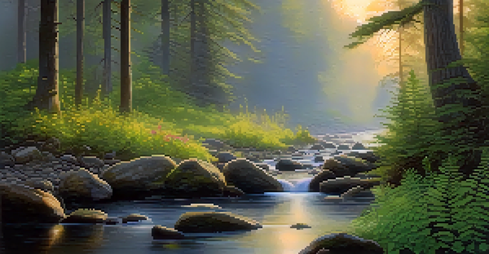 A peaceful forest at dawn with golden light, a flowing stream, and wildflowers.