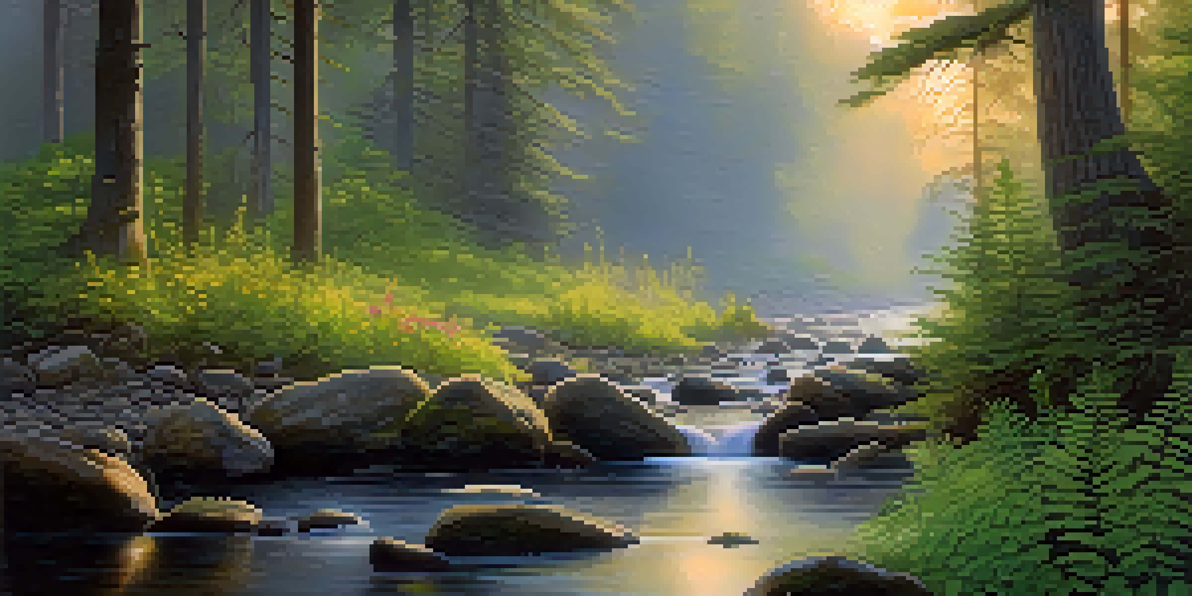 A peaceful forest at dawn with golden light, a flowing stream, and wildflowers.