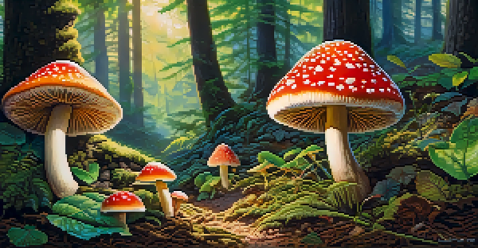 A peaceful forest scene with colorful psychedelic mushrooms surrounded by greenery and sunlight filtering through the leaves.