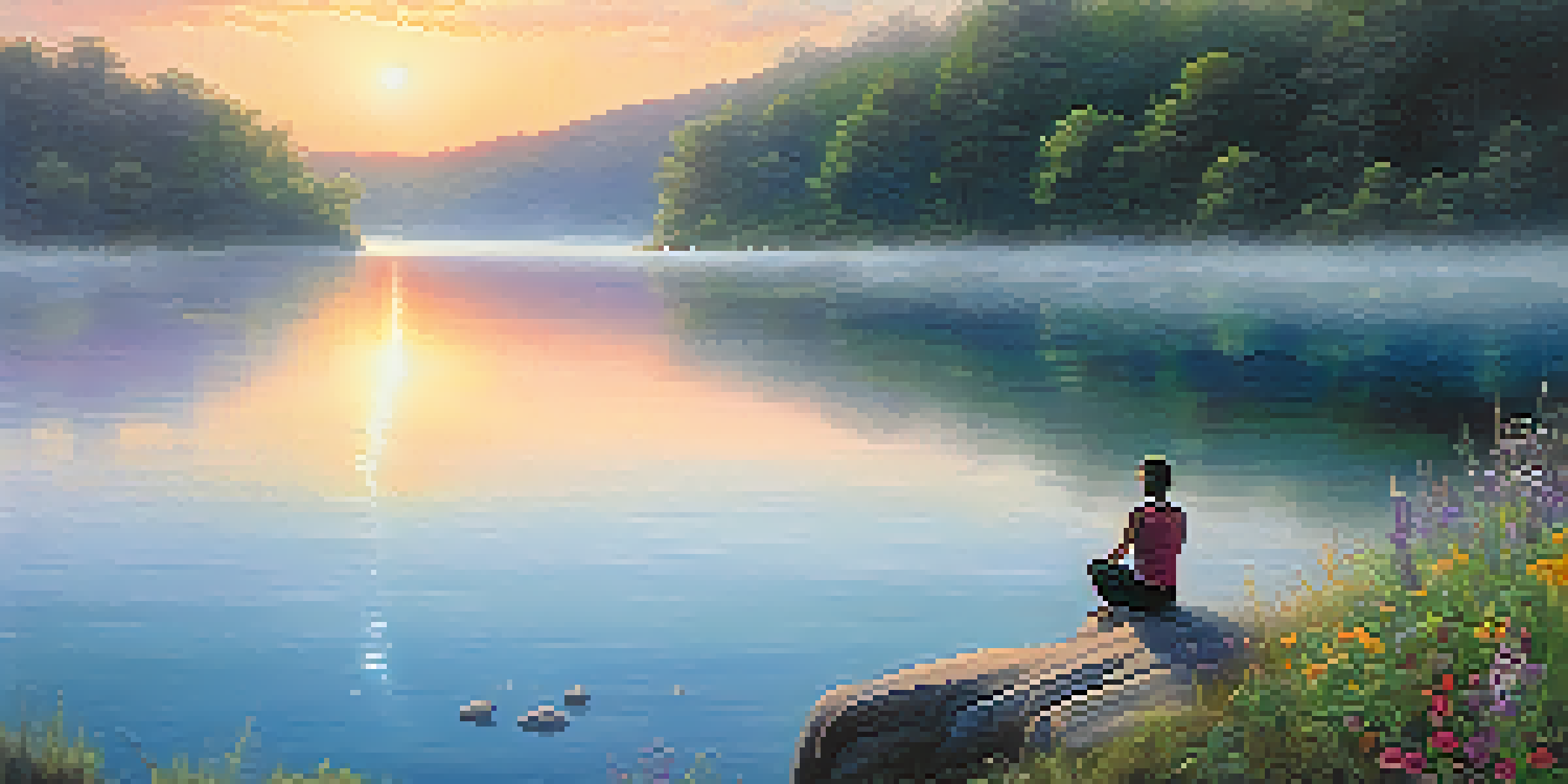 A peaceful lakeside scene at sunrise with an athlete meditating on the shore amidst greenery and wildflowers.