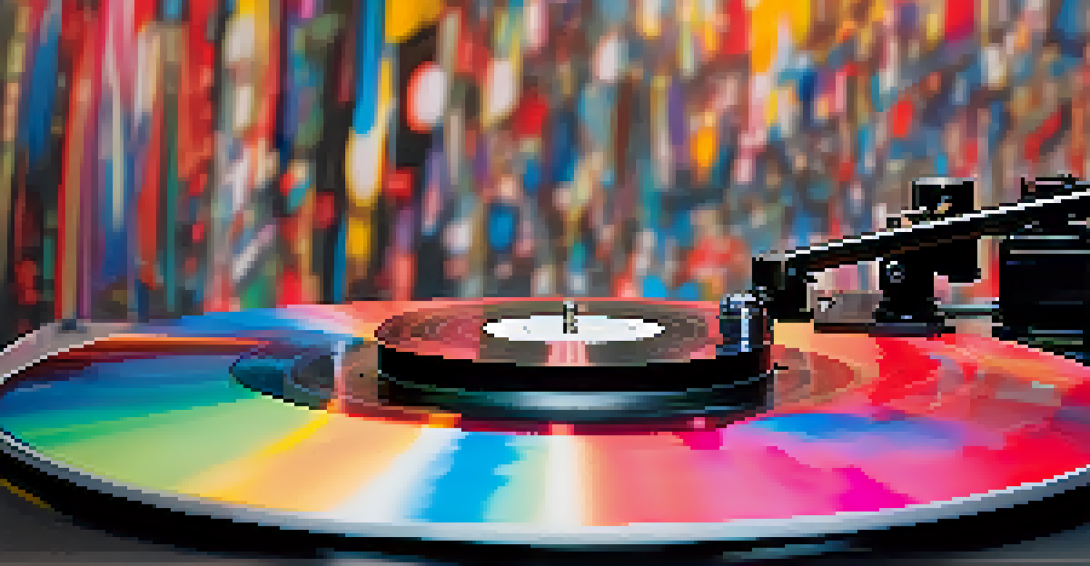 A close-up of a spinning vinyl record on a turntable, with colorful sound waves emanating from it.