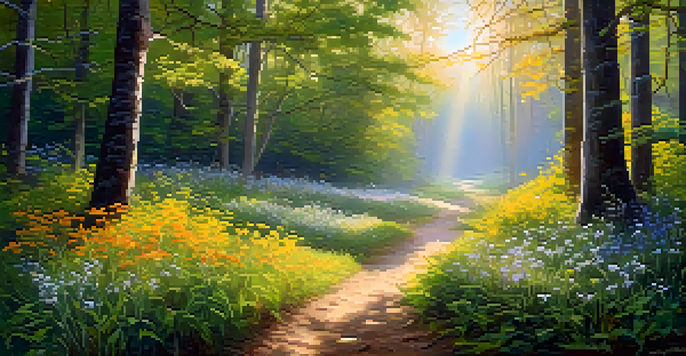 A peaceful forest with golden sunlight, colorful wildflowers, and a winding path.