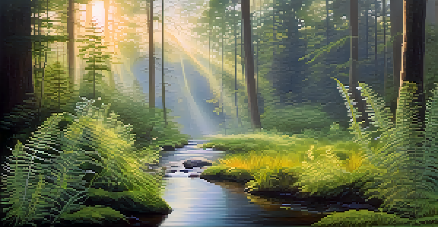 A misty forest at dawn with sunlight filtering through trees, illuminating ferns and wildflowers, and a gentle stream.