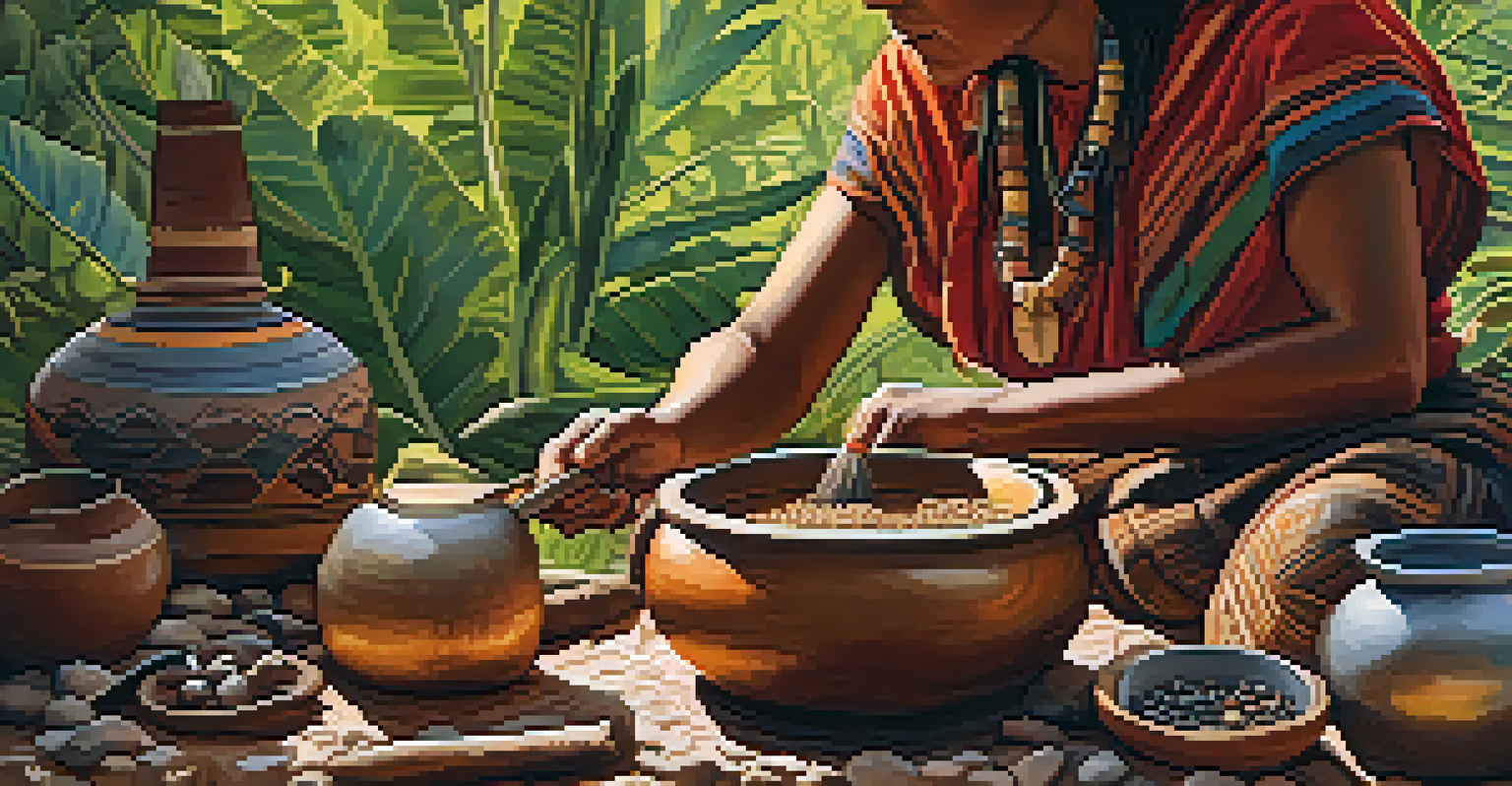 An Indigenous healer preparing a traditional brew, surrounded by natural elements, conveying spirituality and connection to nature.