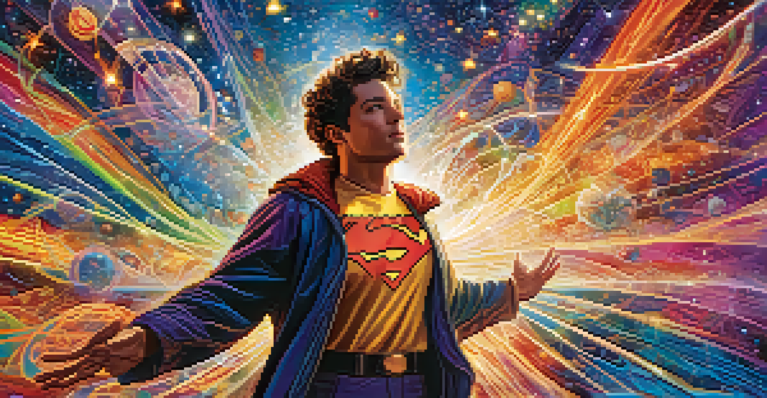 A comic book panel showing a character in a psychedelic state, surrounded by vibrant colors and fantastical elements.