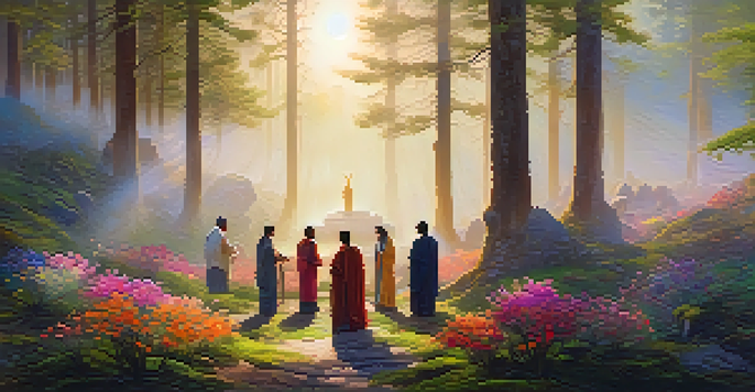 A tranquil forest scene at dawn with people participating in a ceremony surrounded by nature.