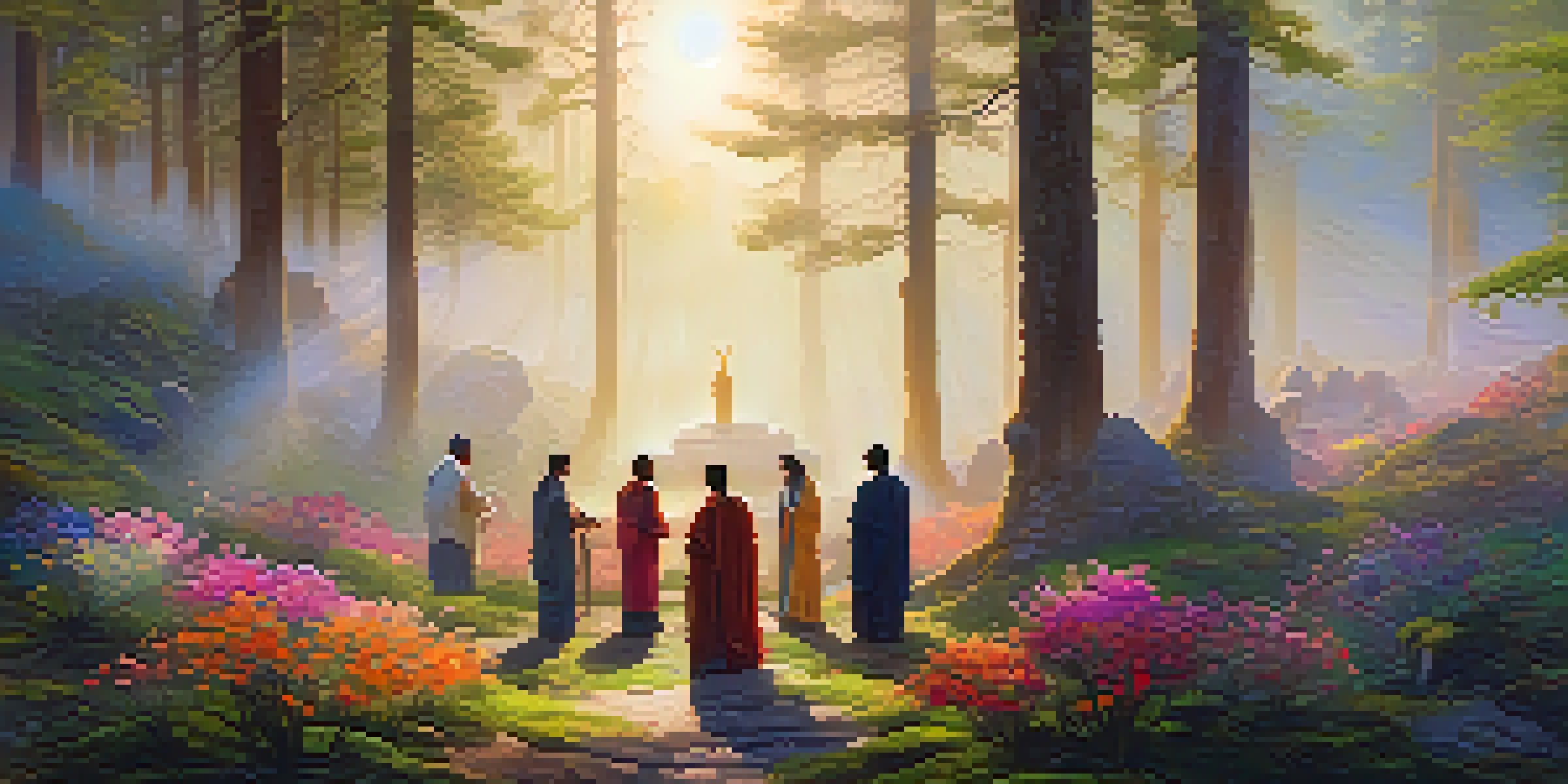 A tranquil forest scene at dawn with people participating in a ceremony surrounded by nature.