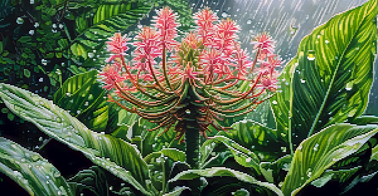 Close-up of a thriving entheogenic plant with detailed leaves and flowers in a lush garden setting.