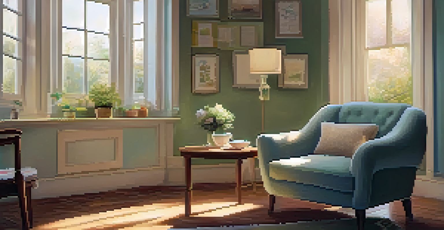 A cozy therapy room with warm lighting, a comfortable chair, and a view of a garden.