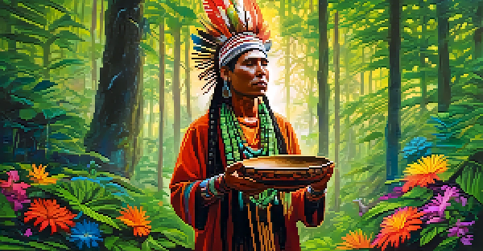 An indigenous shaman in traditional attire performing a ritual in a vibrant rainforest, with sunlight filtering through the trees.