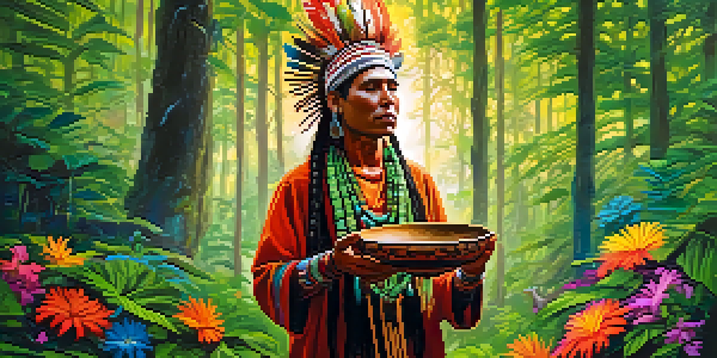 An indigenous shaman in traditional attire performing a ritual in a vibrant rainforest, with sunlight filtering through the trees.