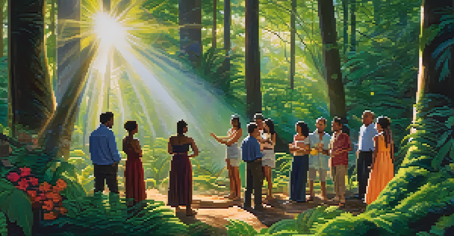 A diverse group of individuals sits in a circle in a forest, sharing moments of connection and unity under sunlight filtering through trees.