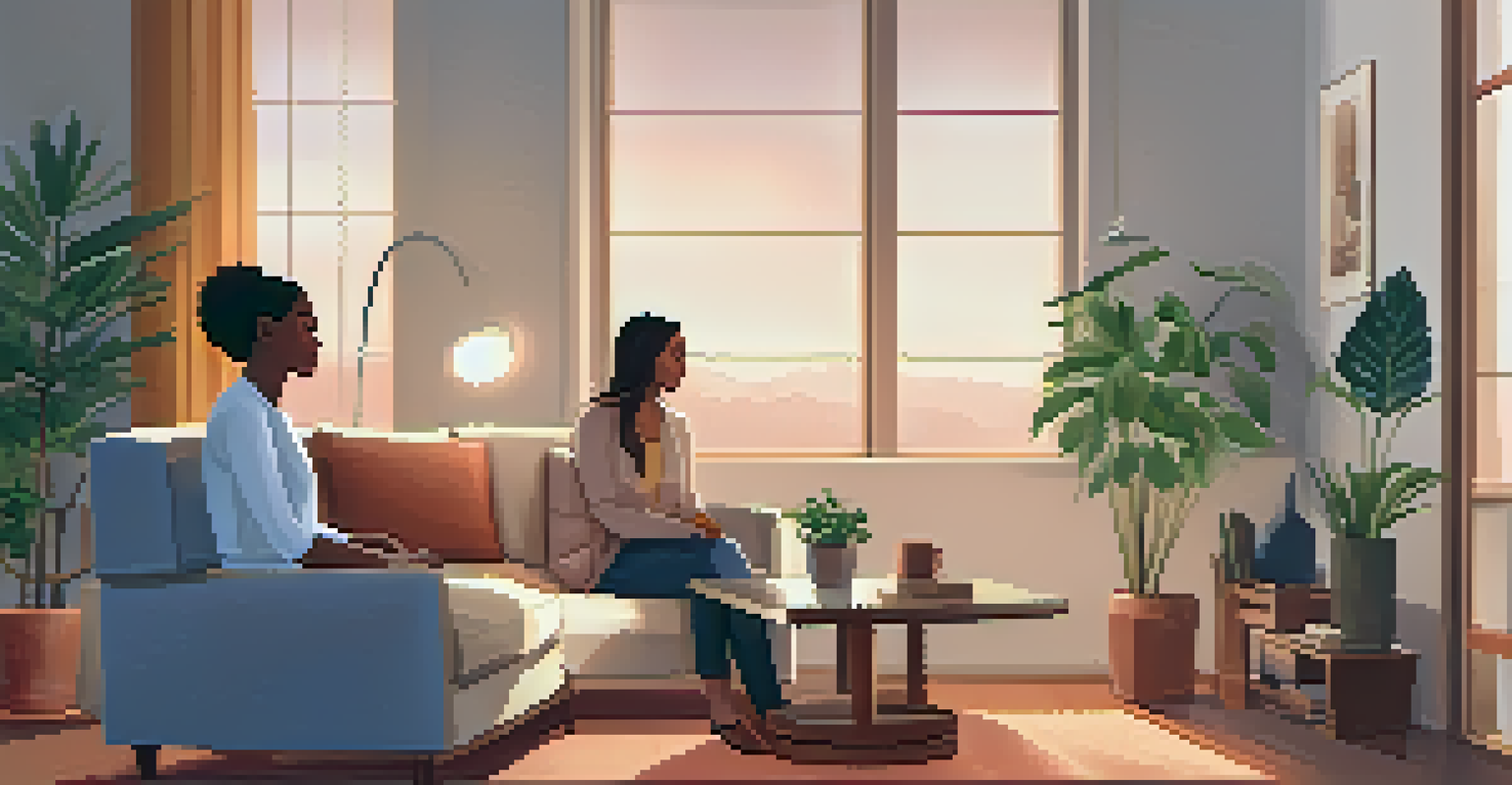 A therapy room with a warm atmosphere, featuring a therapist and client in conversation, surrounded by calming decor.