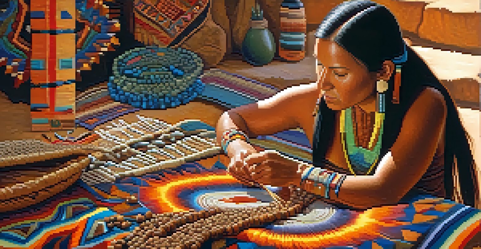 A Native American woman preparing peyote, showcasing her traditional attire and ceremonial items with vibrant colors in a warm light.
