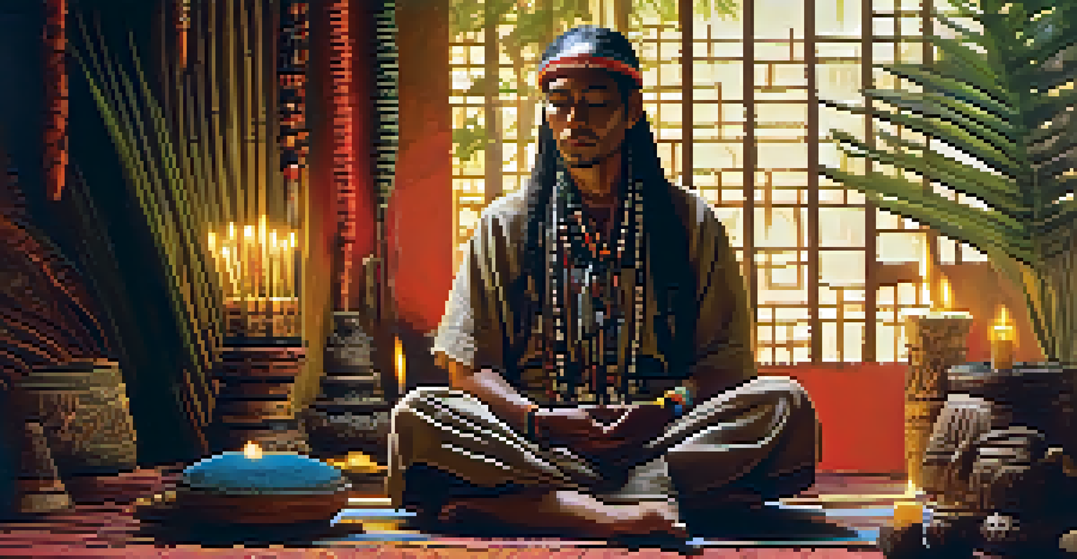 A shaman sitting cross-legged in a dimly lit room, surrounded by candles and ceremonial objects.